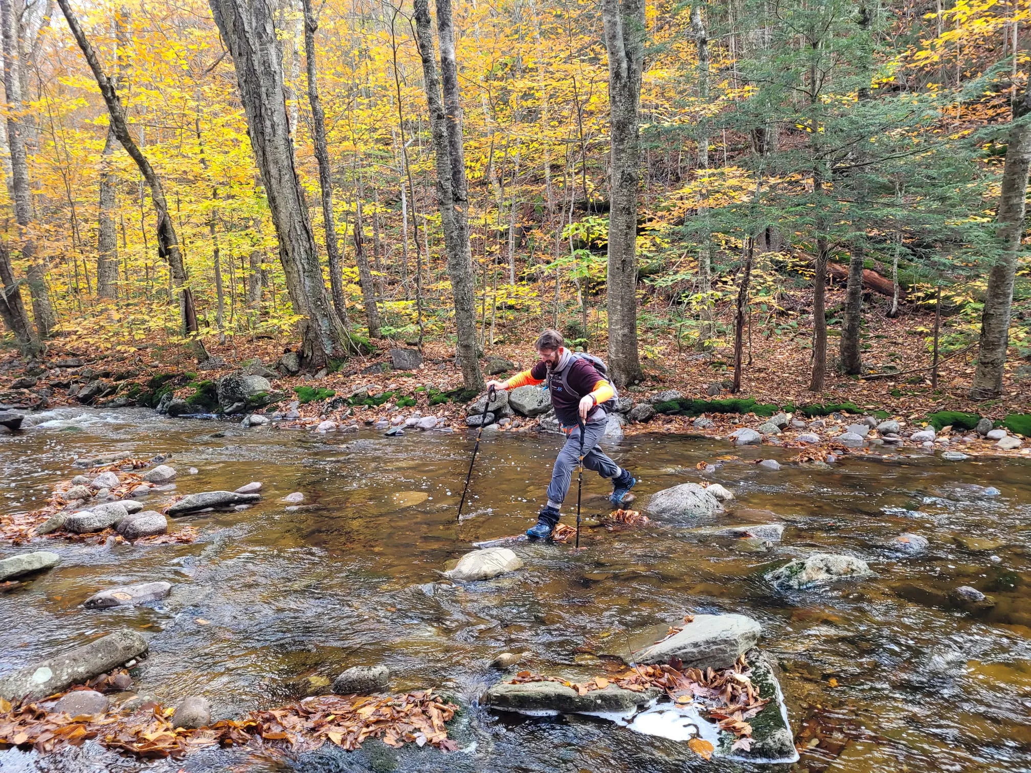 A man (Adam) with a short beard, dressed for hiking, using hiking poles to cross a shallow but wide rocky stream in a forest. The picture is taken enough distance that the width of the stream can be appreciated, and a wall of trees is behind him.